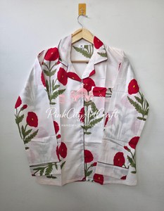 Luxury Women's Hand Block Printed Pure Cotton Summer Night <b>Suit</b> Set Elegant Full Sleeve Notch Collar Shirt Straight Fit <b>Pyjamas</b> - Product Image 2