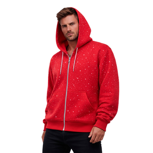 Sudadera con capucha unisex roja lisa con cremallera, forro polar personalizado, estilo casual urbano, holgada con bolsillo canguro - Product Image 1