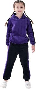 Girls <b>Purple</b> Hooded Tracksuit Set Full Sleeve Casual Fleece Winter Wear With Side Pockets Elastic Waist Solid Design - Product Image 3