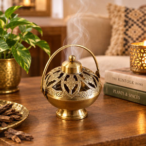 Brûleur d'encens en laiton Dhoop Dani avec poignée, globe sculpté, encensoir, support pour charbon et Bakhoor, pot à parfum, décoration d'intérieur - Product Image 4
