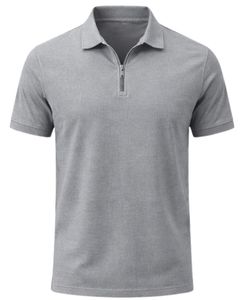 Polo en coton gris clair pour homme avec col demi-zip, coupe ajustée, manches courtes, tenue décontractée d'été, fabricant OEM, approvisionnement en gros - Product Image 1