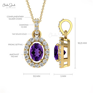 จี้เพชรทองคำแท้ 14k ทำมือ ประดับพลอยอเมทิสต์ทรงรีขนาด 7x5 มม. พร้อมวงแหวนเพชรแบบ Pave สำหรับเป็นของขวัญวันแม่ - Product Image 4