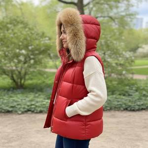 Gilet matelassé en cuir d'agneau véritable pour femme, col à capuche, haute qualité, hiver, capuche amovible, couleur naturelle, fourrure de renard véritable tricotée - Product Image 2