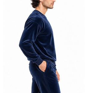 <b>Mens</b> Velvet Fabric Tracksuit Crew Neck Sweatshirt Subtle Chest Motif Jogger <b>Pants</b> Ribbed Cuffs Casual Two Piece <b>Lounge</b> Wear Suit - Product Image 6