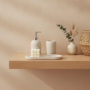 Ceramic <b>Toothbrush</b> <b>Holder</b> Set Minimalist Round Design Eco-Friendly Bathroom Accessory Two-Piece Tray Included - Product Image 2