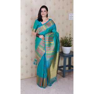 Sari en soie douce bleu aqua Meenakari Zari tissé avec bordure de temple, chemisiers et chemises pour femmes - Product Image 6
