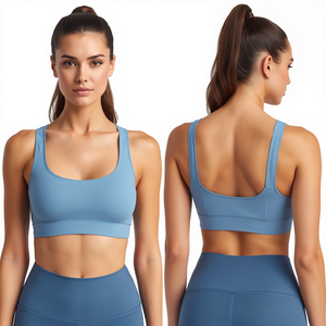 Sujetador deportivo sólido para mujer con cuello redondo y espalda cruzada, soporte medio, transpirable, sin costuras, de malla de elastano/poliamida, top de yoga y fitness. - Product Image 1