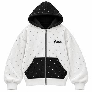 Nouveau style – Sweat à capuche unisexe personnalisé, coupe oversize, avec strass et blocs de couleur, zippé, tricoté, décontracté, pour l'hiver, blanc et noir – Vente chaude - Product Image 1