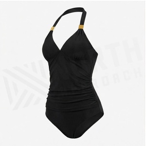 Maillot de bain une pièce noir pour femme avec dos nu, effet ventre plat froncé, soutien-gorge push-up et taille haute, couleur unie - Product Image 3