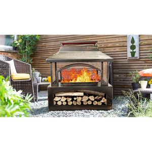 Caminetto Rettangolare in Metallo da Esterno da 37 Pollici con Funzione di Combustione a Legna, Vano Porta-Legna Integrato, Finitura Bronzo Spazzolato - Product Image 1