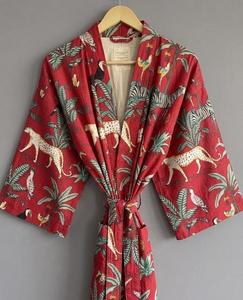 Robe Kimono Décontractée en Coton Tissé Imprimé Numérique 100% Coton, Motif Floral Imprimé à la Main, Respirante, Manches Longues, pour Nuit et Plage - Product Image 1