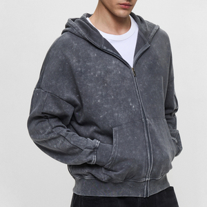 OEM ODM Acid Wash Mens <b>Full</b> <b>Zip</b> <b>Hoodie</b> 100% Cotton Soft Fleece Hooded Sweatshirt Casual Streetwear Custom Logo Wholesale Factory - Product Image 5