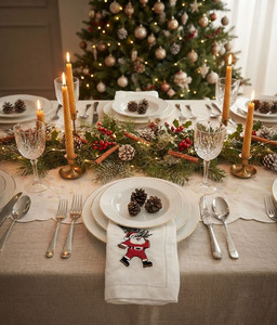 Custom Wholesale White Linen Hemstitch Dinner Napkin Embroidered Santa Claus and <b>Christmas</b> <b>Tree</b> <b>Table</b> Napkins Home Hotel Events - Product Image 1