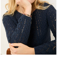 Pulls pour femmes à rayures jacquard, col rond décontracté, dentelle crochetée, manches longues, tricot torsadé ajouré texturé