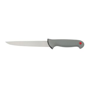 Couteaux de cuisine à lame argentée et manche gris avec accent rouge et protège-doigts incurvé pour la découpe de viande et la préparation des aliments - Product Image 1