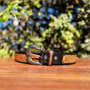 Ceinture Western vintage en cuir sculpté à la main avec boucle à ardillon en laiton et motif Paisley, ceinture de cowboy en cuir d'Argentine - Product Image 3