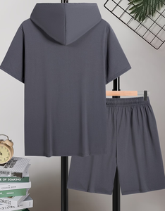 Men's Hooded Short Sleeve T-Shirt Shorts Set Solid Color Casual Sportswear Summer Quick Dry Knitted French Terry Soft - Product Image 3