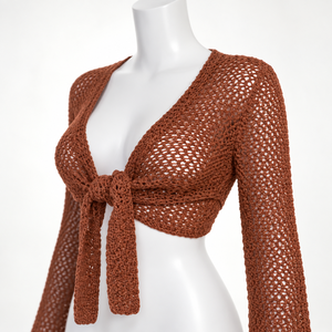 Low MOQ Best Price <b>Women</b> Crocheted V-Neck <b>Shrug</b> Three Quarter Flare Sleeve Solid Color Bow Front Breathable Summer Top - Product Image 3