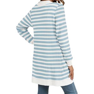 Custom Soft Acrylic Winter <b>Cardigans</b> Blue White Striped Casual Twin Pockets Comfortable Loose Fit <b>Women</b> Sweaters - Product Image 2