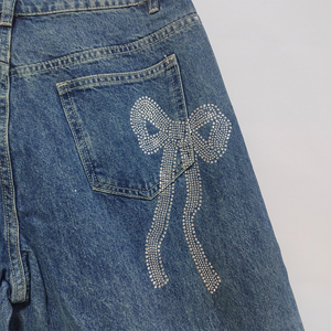 Womens Y2K Customized Rhinestone Bow Breathable Eco-Friendly Mid Waist <b>Wide</b> <b>Leg</b> Baggy Denim Pants Loose Fit <b>Sparkly</b> - Product Image 5