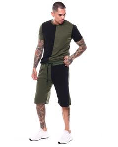 Ensemble T-shirt et short pour homme, bleu et noir, col rond, décontracté, été, respirant, tricoté en polyester et élasthanne - Product Image 5