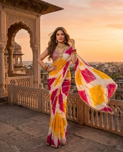 Pink Yellow White Printed Saree Sequin Trim Blouse <b>Net</b> <b>Dupatta</b> Woven Festive Dress - Product Image 2