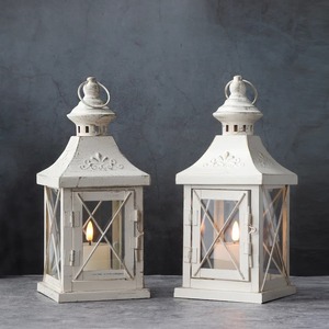 White <b>Square</b> Lantern With Glass Panels And Decorative Cutouts For Home Decoration - Product Image 3