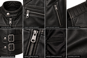 <b>Men's</b> Black PU <b>Leather</b> Moto <b>Vest</b> Stand Collar Zipper Closure Solid Color Plus Size Outerwear Regular Fit - Product Image 6
