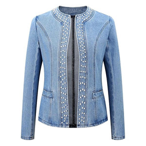 Collarless Rivet Detailed Short <b>Denim</b> <b>Coat</b> with Stylish Pockets Elegant Women's Pearl Embellished <b>Denim</b> Jacket Long Sleeve - Product Image 1