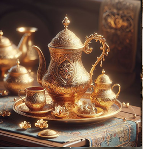 Juego de té vintage de latón con detallados relieves de elefantes en una bandeja redonda de metal. Disponible a precios de mayorista - Product Image 2