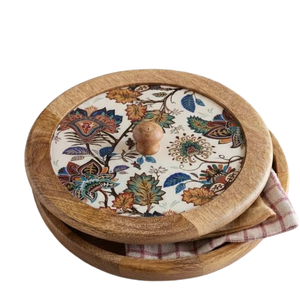 Light Brown <b>Wooden</b> Chapati & Roti Casserole Kitchen Chapati Roti <b>Box</b> Round Shape Durable Serving <b>Box</b> with Flip Top Lid - Product Image 2