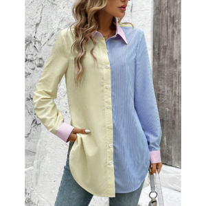 Blusa de Moda para Mujer con Cuello Alto, Estampado a Rayas en Contraste, Mangas con Volantes de Satén, Corte y Confección Tipo Smock, Camisa Casual de Oficina - Product Image 1