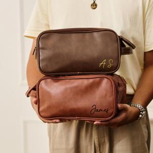 Bolsa de Aseo de Cuero Genuino con Logotipo Personalizado de Lujo, Bolsa de Cosméticos de Viaje Portátil para Hombre, Kit de Afeitado de Cuero LNTB-0018B - Product Image 3
