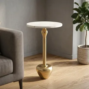Modern <b>Round</b> White Marble Top Side <b>Table</b> with Brushed <b>Gold</b> Metal Pedestal Base Contemporary Accent Furniture - Product Image 4