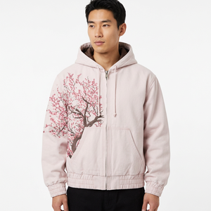 Unisex <b>Pink</b> Zipper Up Hoodie Floral Tree Print Casual <b>Sweatshirt</b> with Kangaroo Pocket - Product Image 4