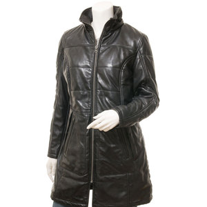 <b>Women</b> Genuine <b>Leather</b> Quilted Hooded <b>Long</b> <b>Jacket</b> Full Sleeve Zipper Closure Winter Outerwear OEM Wholesale Supplier - Product Image 4