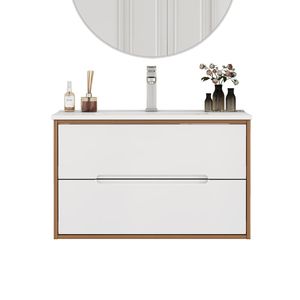 Mobile Bagno Sospeso da 32 Pollici con Doppio Cassetto, Sistema Soft-Close e Lavabo in Ceramica Arrotondato - Collezione Soli-Bathroom - Product Image 5