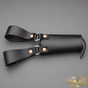 Hand craft medieval Viking leather sword and axe frog with angled dual belt <b>loops</b> metal O rings and corset style cross lacing - Product Image 2