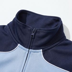 Chaqueta deportiva con paneles en azul marino y azul claro — Ribete blanco, cuello alto con cremallera completa |   Ropa Deportiva Premium OEM / Marca Privada - Product Image 3