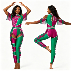 Uniformes de majorettes vert et rose avec strass, paillettes et franges pour adultes - Product Image 3