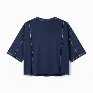Premium Heavyweight Cotton Navy Blue Acid Wash Crop Top | Custom Rhinestone Logo <b>Studded</b> Seam Streetwear T-shirt - Product Image 2