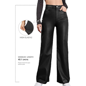Women Genuine <b>Leather</b> Pants High Waist Regular Fit Stretch Faux <b>Leather</b> Straight Trousers Casual Streetwear Eco-Friendly - Product Image 5