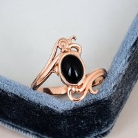 Bague de fiançailles vintage en onyx noir serti clos, en argent sterling 925 massif, avec pierre précieuse ovale et motif feuille de vigne plaqué or rose