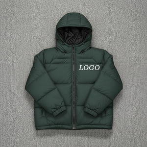Men's Dark Green Hooded Puffer <b>Jacket</b> With Front Logo Zipper Closure Windproof <b>Winter</b> Casual Outerwear - Product Image 3