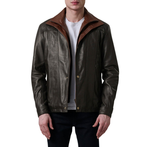 Veste en cuir véritable marron pour homme, col rabattu, fermeture éclair, bouton, manteau décontracté d'automne - Product Image 2