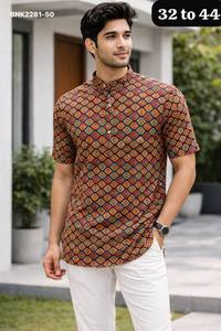 เสื้อคุर्ตาผู้ชายคุณภาพสูง ผ้าคอตตอนพิมพ์ลาย แขนสั้น คอปก ป้ายยี่ห้อ แบรนด์สั้น ทรงเสื้อเชิ้ต ส่งออกจากอินเดีย - Product Image 4