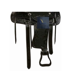 Western Black <b>Leather</b> Floral And Basket Hand <b>Tooled</b> Barrel Racing Horse Saddle Latigo Straps Suede Seat 10" to 18" Inch LLT - Product Image 2