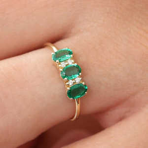 Oval Cut Triple Natural Emerald Stone & Round Cut Diamond <b>Ring</b> 14k Pure Gold Beautiful Engagement Wedding <b>Rings</b> <b>Fine</b> Jewelry RTS - Product Image 5