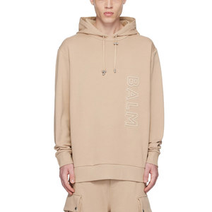 Sweat-shirt à capuche surdimensionné beige personnalisé pour homme avec logo brodé verticalement, style streetwear décontracté - Product Image 1