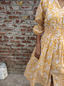 Hand Block Print <b>Summer</b> <b>Boho</b> <b>Dress</b> Floral Design V-neck Long Sleeve 100% Cotton Casual Style Indian Lined <b>Dress</b> For Women - Product Image 3